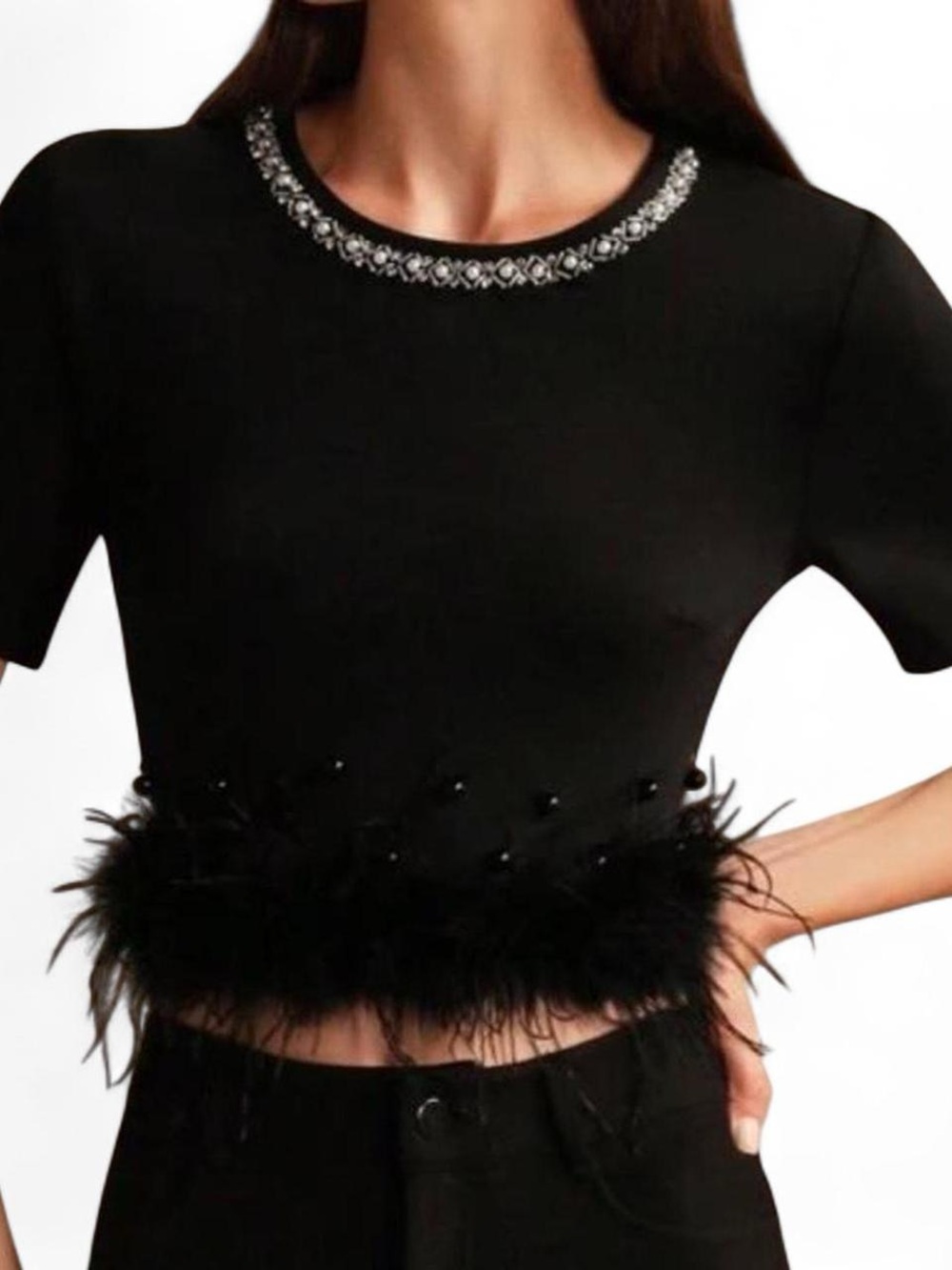 Embellished Black Feather-Trim Crop Top with Crystal Neckline (Never been worn)